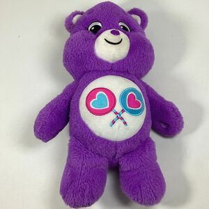Care Bears Plush Share Bear Purple Heart Lollipop Stuffed Animal Vtg 2002 13"